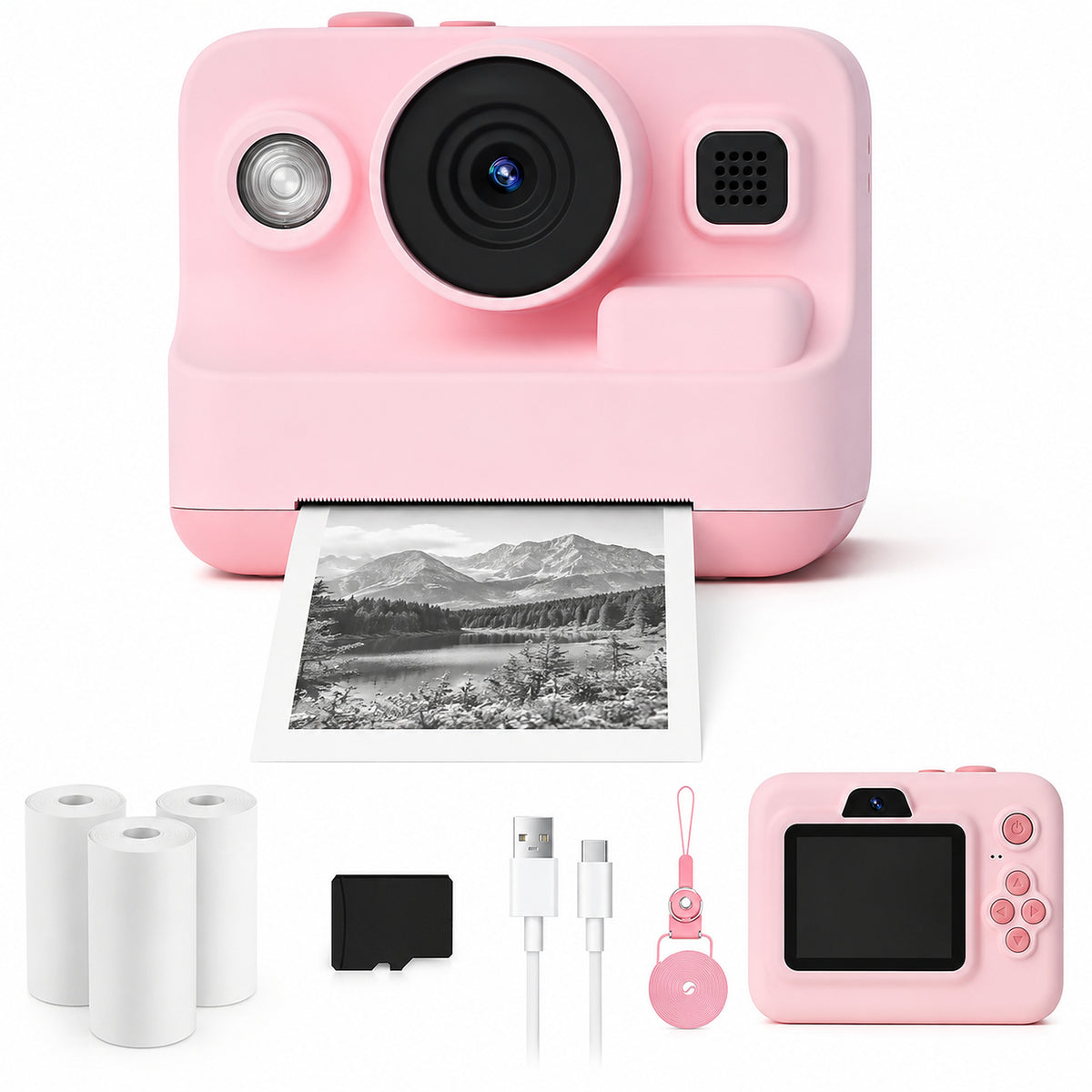 Pink Kids Instant Print Camera with 32GB Card, 3 Paper Rolls, Dual Lens, 1080P Video and 16x Digital Zoom