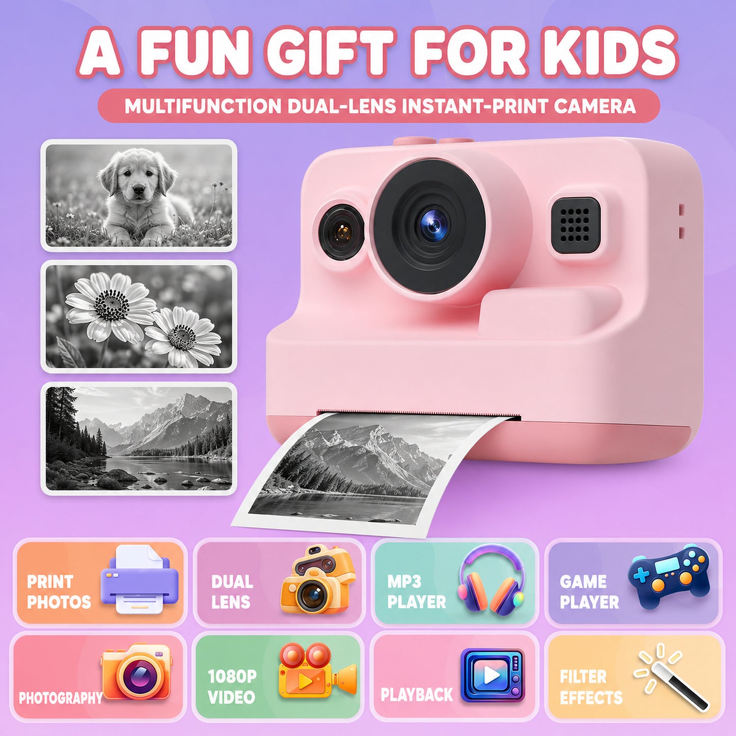 Pink Kids Instant Print Camera with 32GB Card, 3 Paper Rolls, Dual Lens, 1080P Video and 16x Digital Zoom