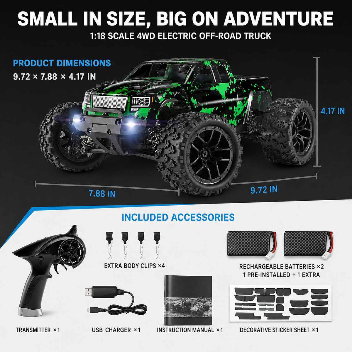 1:18 Scale 4WD RC Off-Road Truck with 2 Batteries, 2.4GHz Proportional Control, 36 KPH, Green and Black