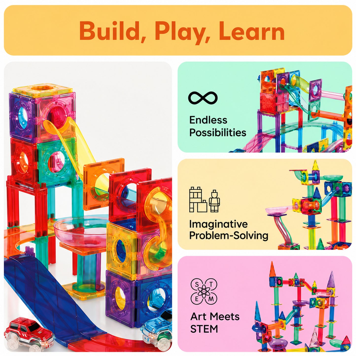 108-Piece Magnetic Marble Run Building Set with 2 Toy Cars