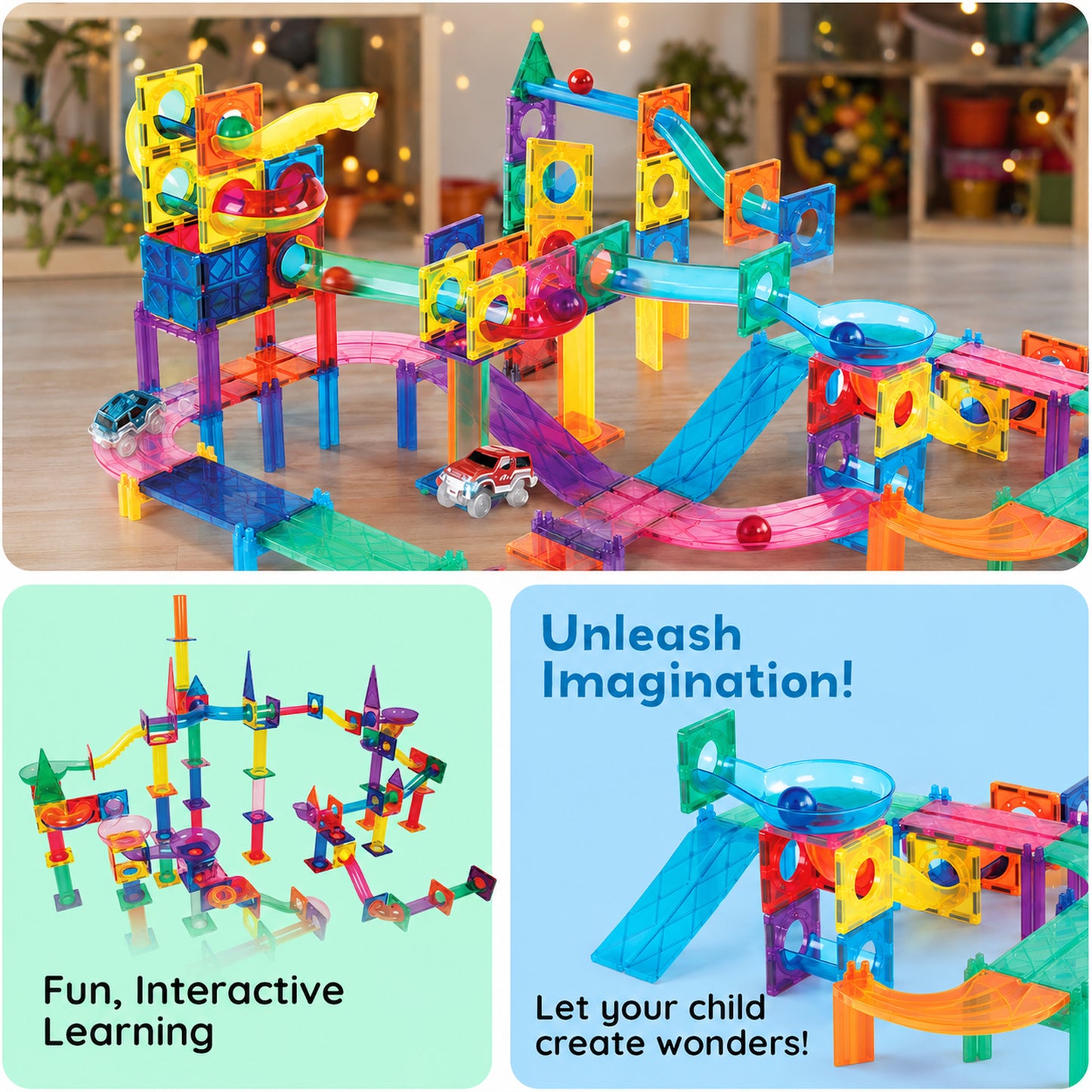 108-Piece Magnetic Marble Run Building Set with 2 Toy Cars