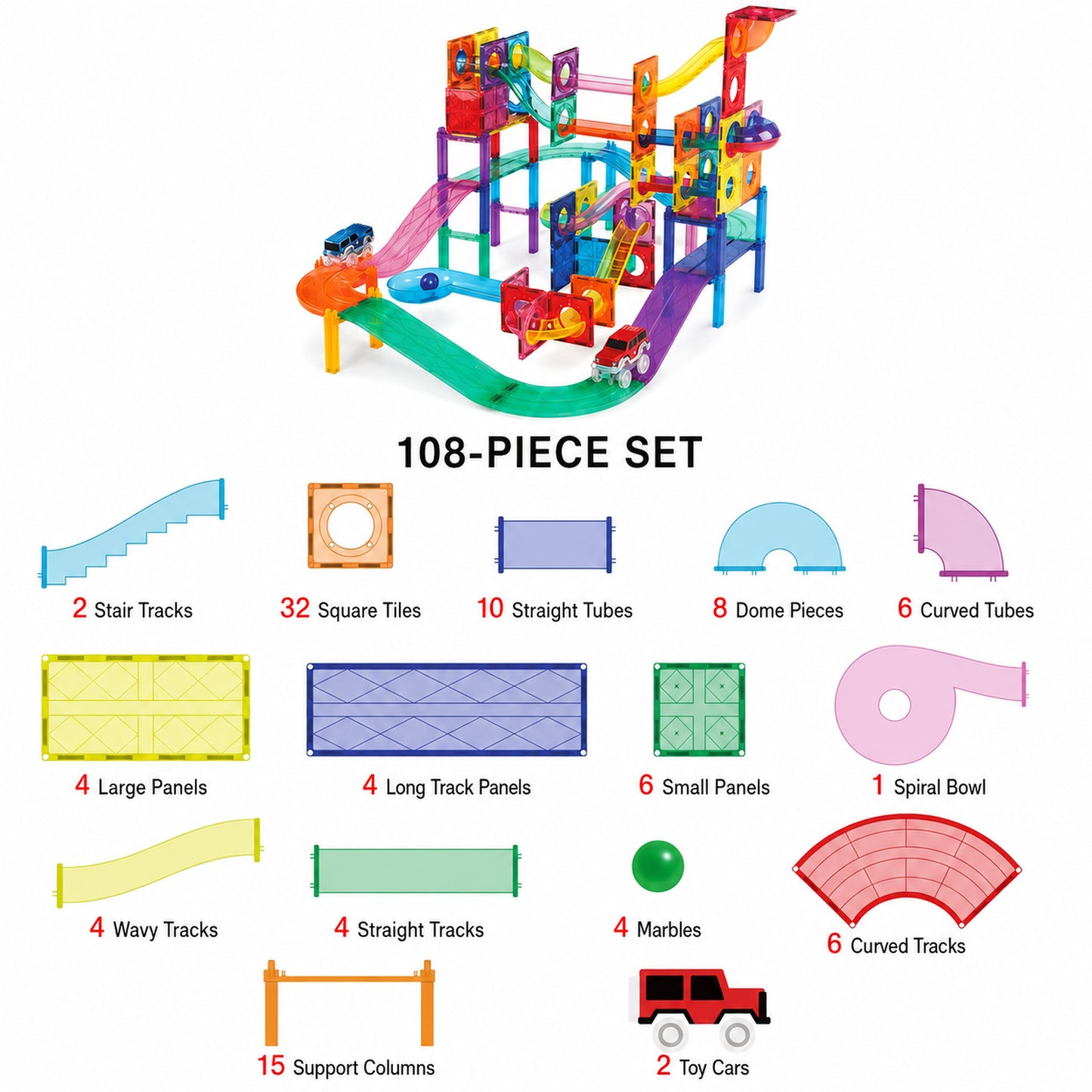 108-Piece Magnetic Marble Run Building Set with 2 Toy Cars