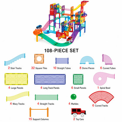 108-Piece Magnetic Marble Run Building Set with 2 Toy Cars