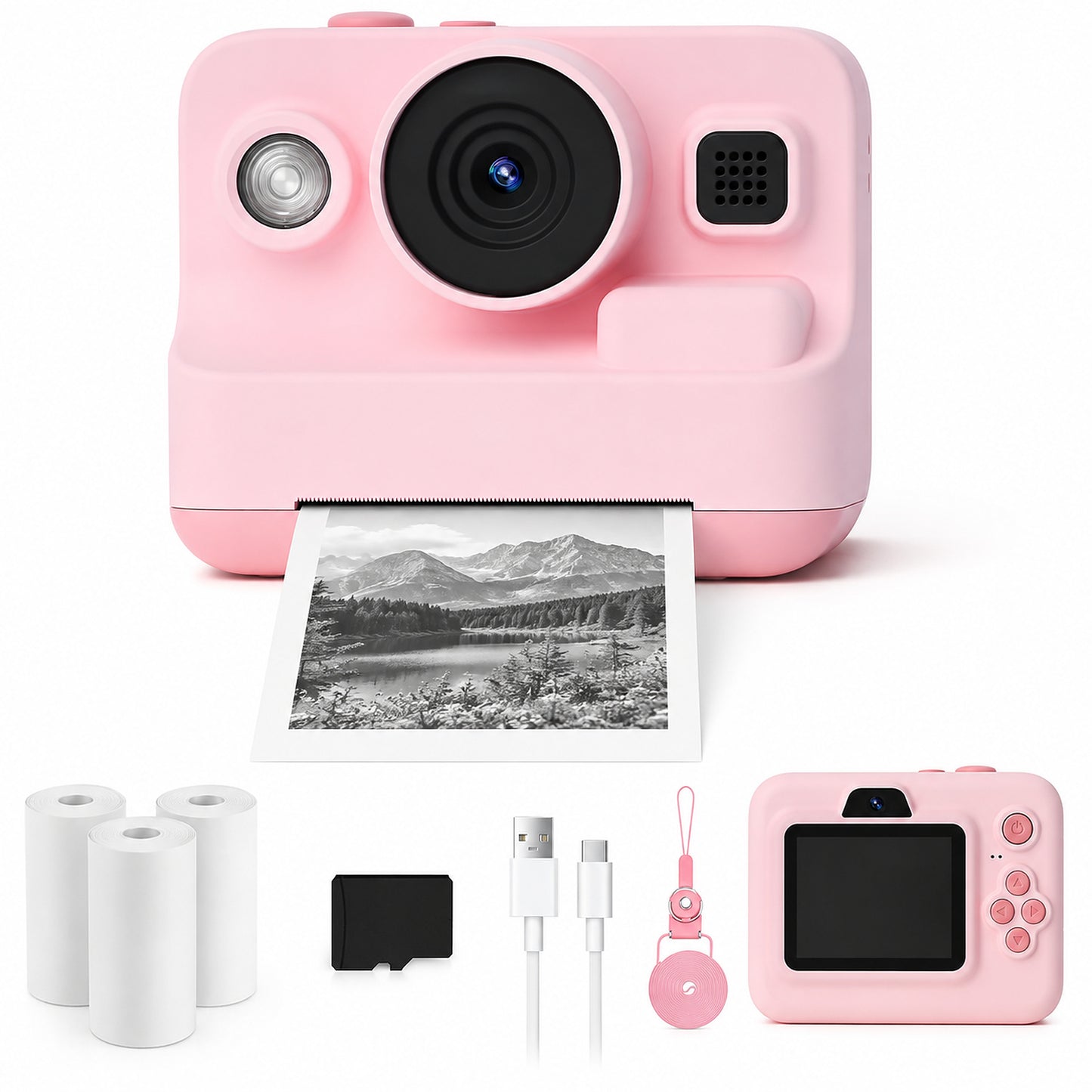 Pink Kids Instant Print Camera with 32GB Card, 3 Paper Rolls, Dual Lens, 1080P Video and 16x Digital Zoom