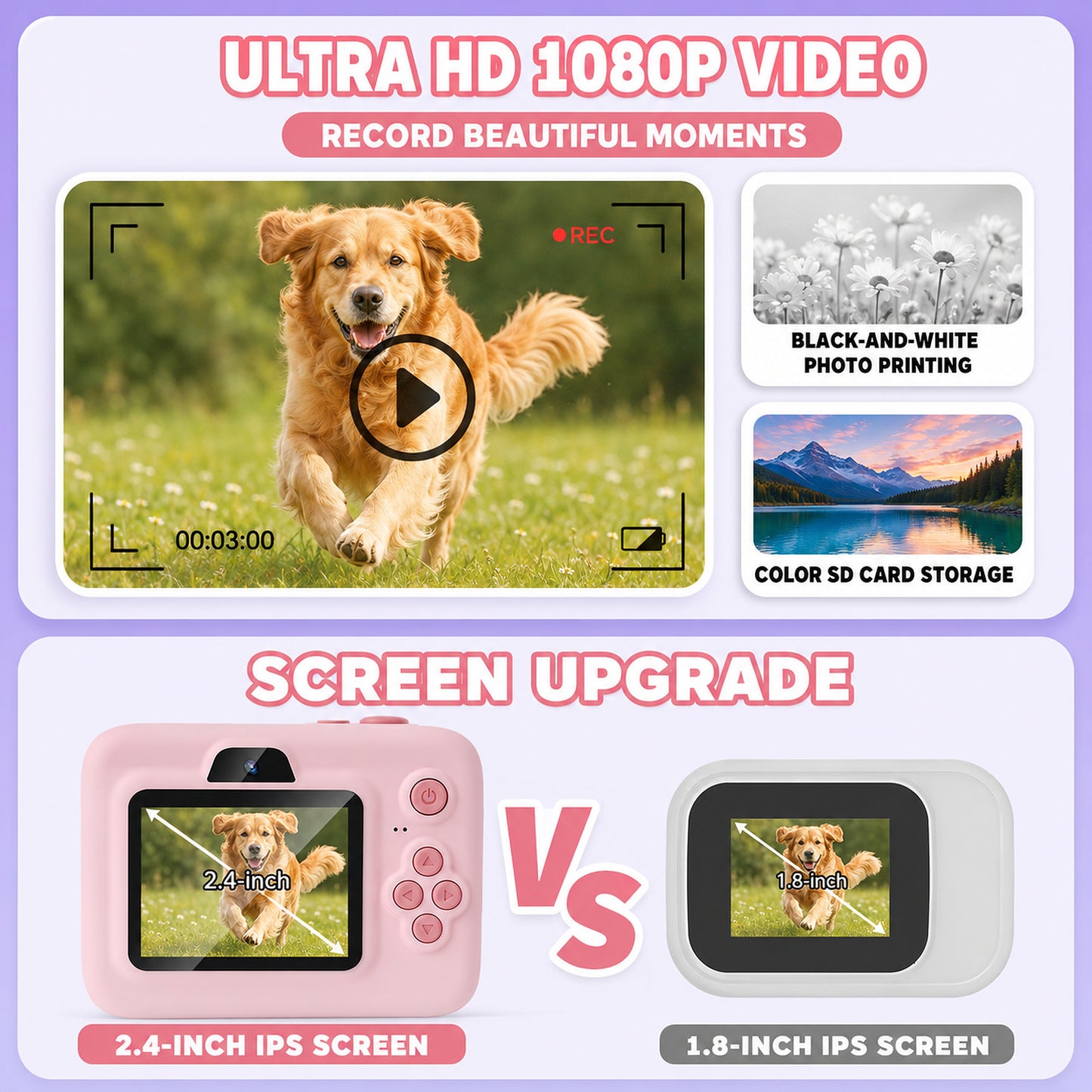 Pink Kids Instant Print Camera with 32GB Card, 3 Paper Rolls, Dual Lens, 1080P Video and 16x Digital Zoom