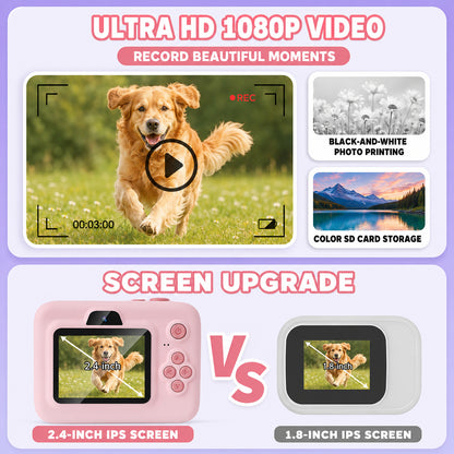 Pink Kids Instant Print Camera with 32GB Card, 3 Paper Rolls, Dual Lens, 1080P Video and 16x Digital Zoom
