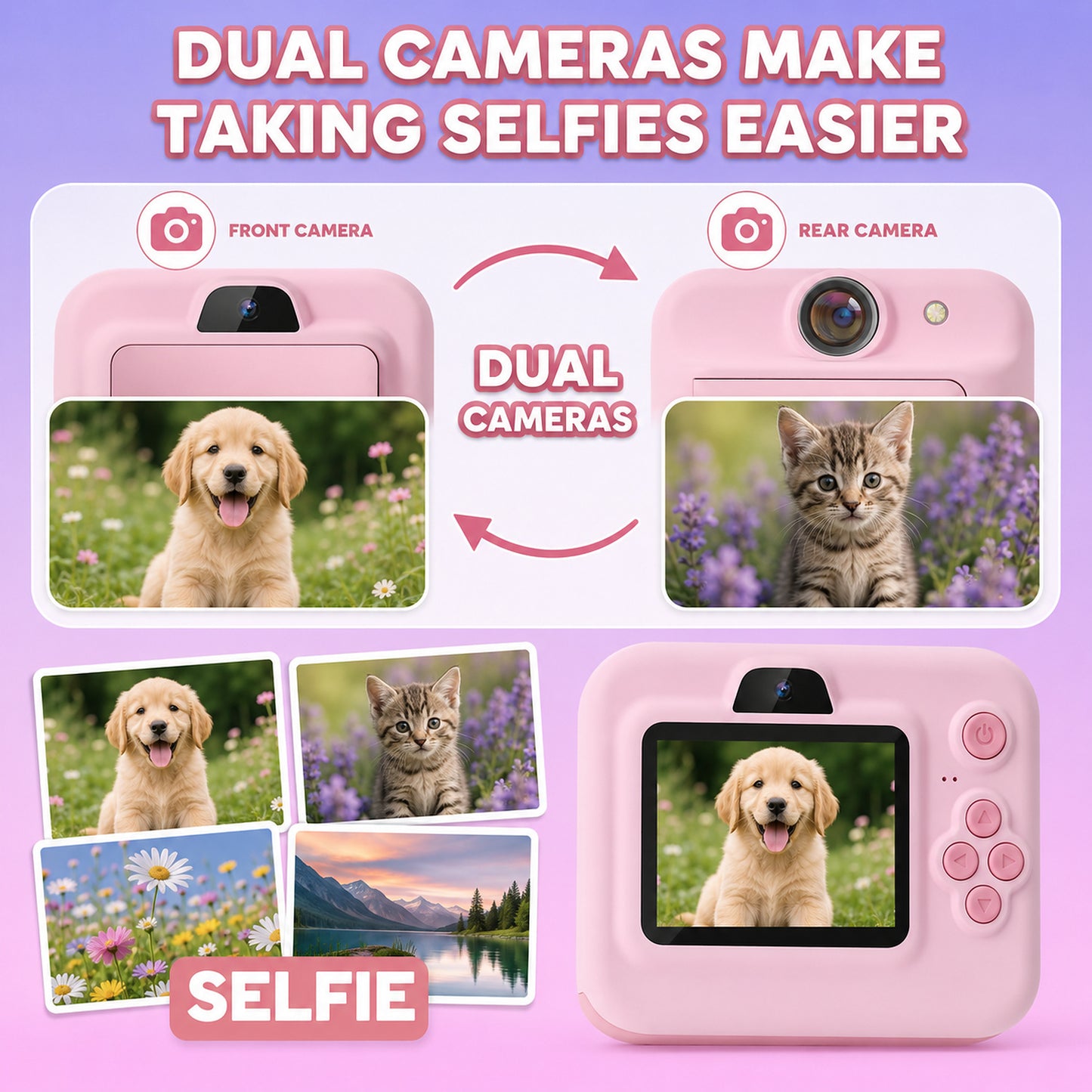Pink Kids Instant Print Camera with 32GB Card, 3 Paper Rolls, Dual Lens, 1080P Video and 16x Digital Zoom