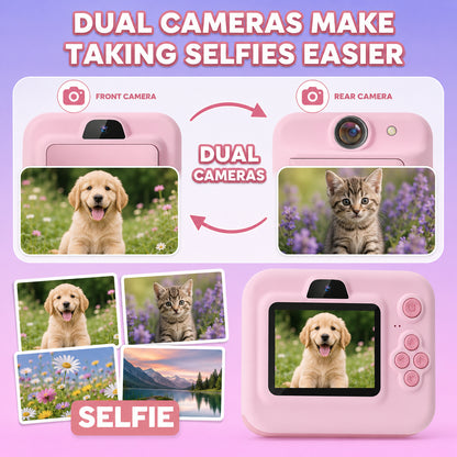 Pink Kids Instant Print Camera with 32GB Card, 3 Paper Rolls, Dual Lens, 1080P Video and 16x Digital Zoom