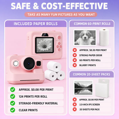 Pink Kids Instant Print Camera with 32GB Card, 3 Paper Rolls, Dual Lens, 1080P Video and 16x Digital Zoom