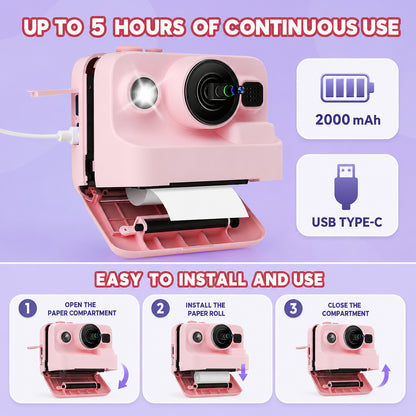 Pink Kids Instant Print Camera with 32GB Card, 3 Paper Rolls, Dual Lens, 1080P Video and 16x Digital Zoom