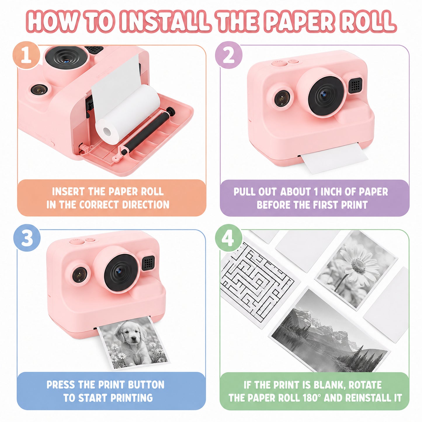 Pink Kids Instant Print Camera with 32GB Card, 3 Paper Rolls, Dual Lens, 1080P Video and 16x Digital Zoom