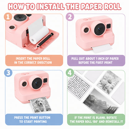Pink Kids Instant Print Camera with 32GB Card, 3 Paper Rolls, Dual Lens, 1080P Video and 16x Digital Zoom