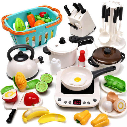 Kids Pretend Kitchen Set with Cookware and Play Food