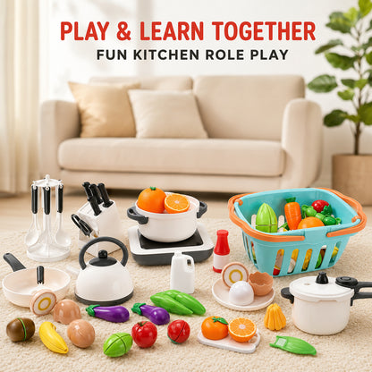 Kids Pretend Kitchen Set with Cookware and Play Food