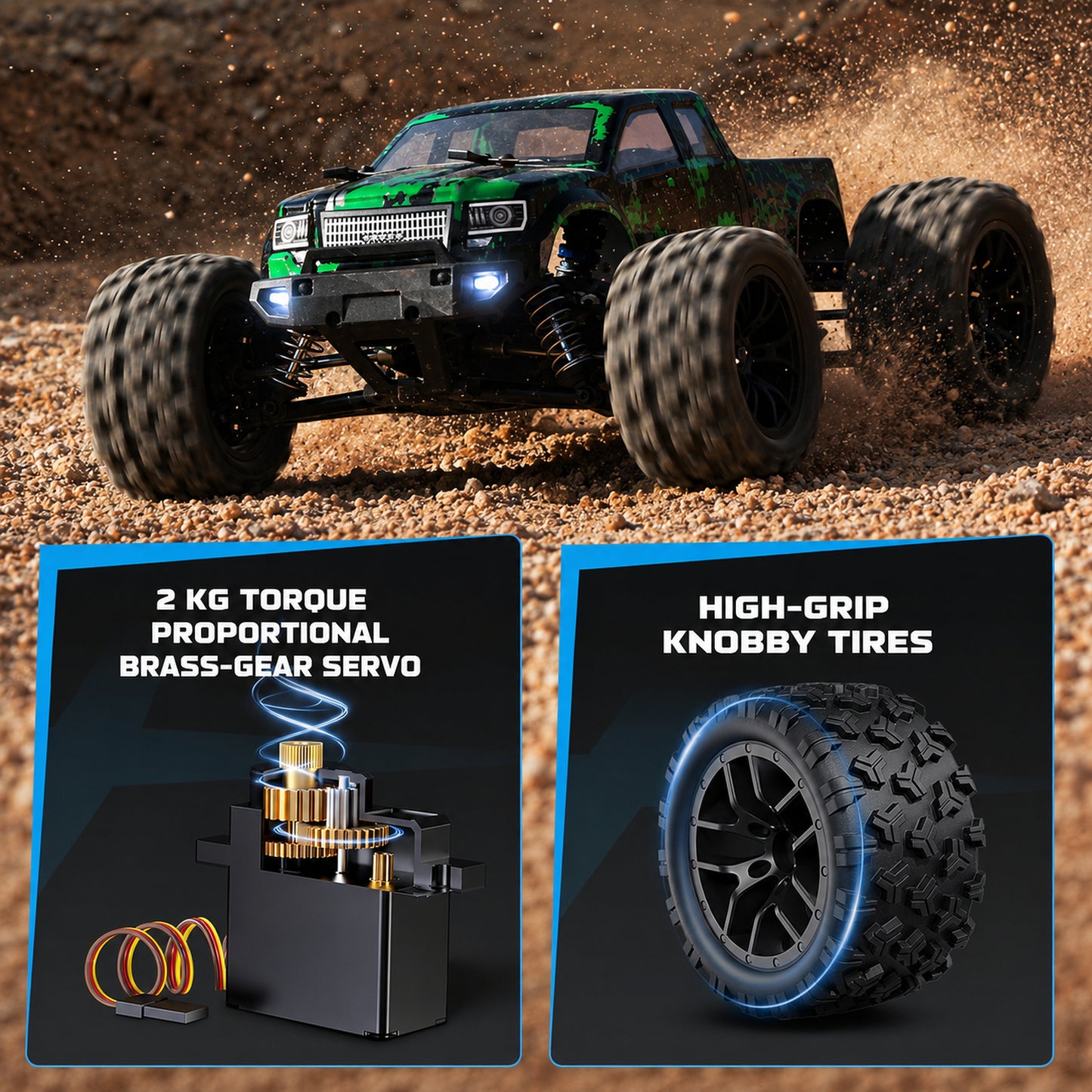 1:18 Scale 4WD RC Off-Road Truck with 2 Batteries, 2.4GHz Proportional Control, 36 KPH, Green and Black