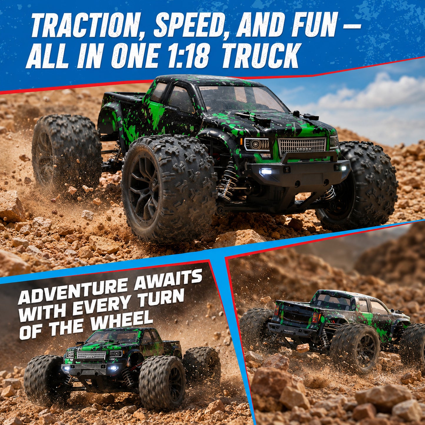 1:18 Scale 4WD RC Off-Road Truck with 2 Batteries, 2.4GHz Proportional Control, 36 KPH, Green and Black