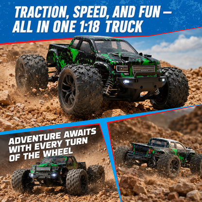 1:18 Scale 4WD RC Off-Road Truck with 2 Batteries, 2.4GHz Proportional Control, 36 KPH, Green and Black