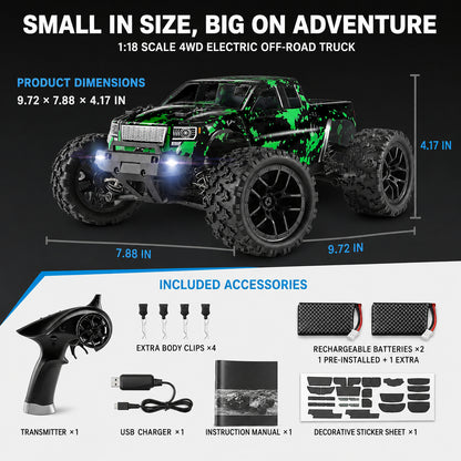 1:18 Scale 4WD RC Off-Road Truck with 2 Batteries, 2.4GHz Proportional Control, 36 KPH, Green and Black
